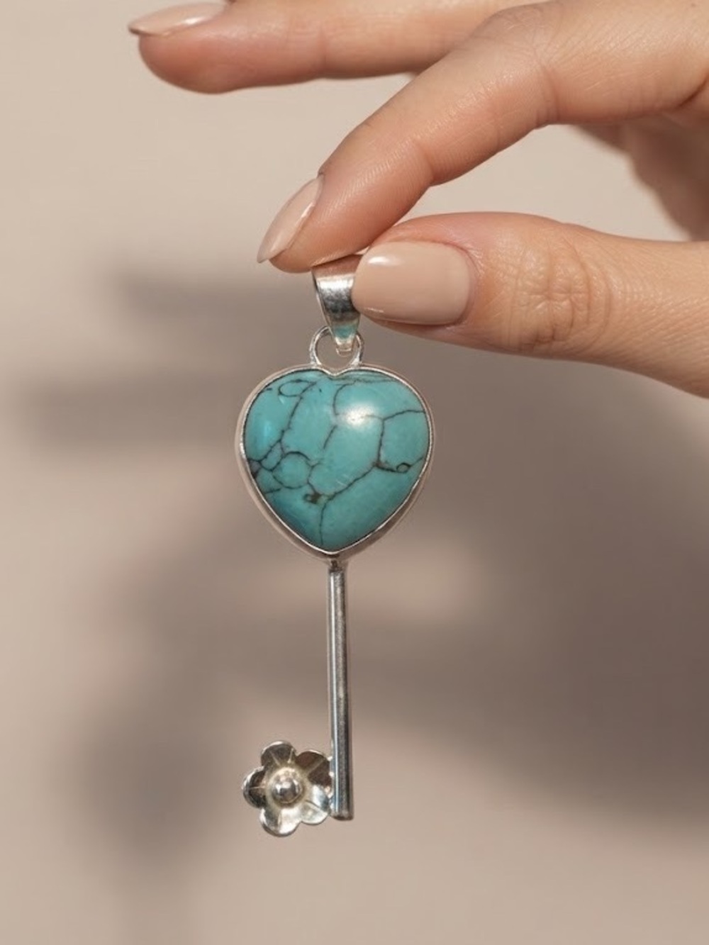 Silver 925 Heart Key with Turquoise Stone Pendant Necklace -
